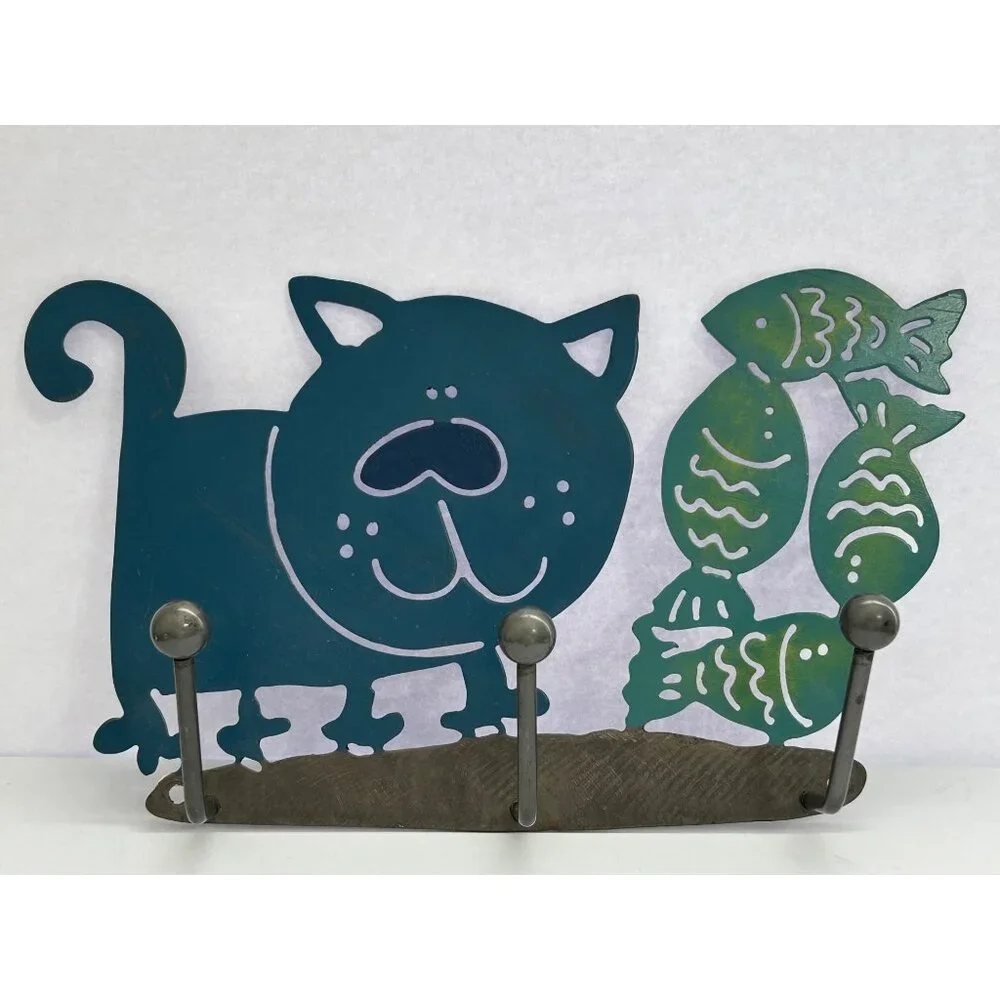 Kitty Cat & Fish Metal Wall Hook Decor Key Pet Leash Towel Hat Holder Whimsical